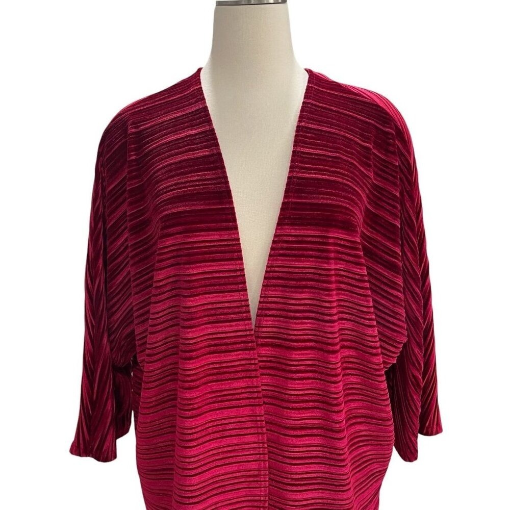 Red Velvet Striped Oversized Open Front Cardigan Kimono M Lightweight Boho Chic - Picture 5 of 8
